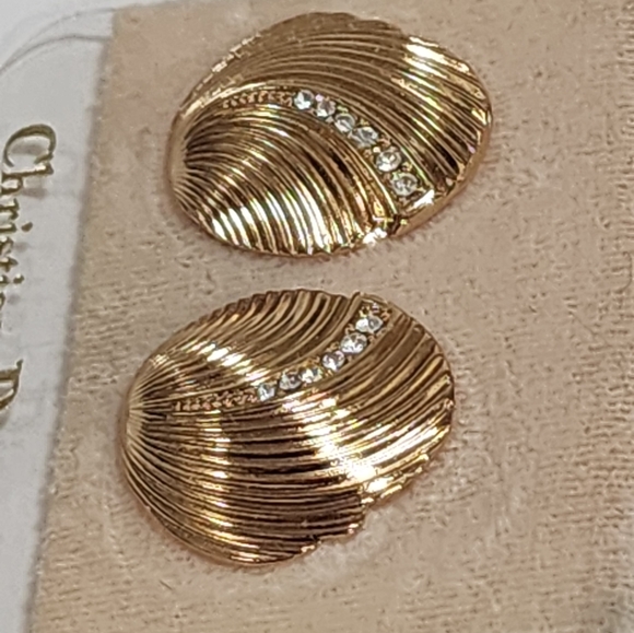 CHRISTIAN DIOR DRESSY EARRINGS VINTAGE PIERCED GOLD WITH SMALL RHINESTONES - Picture 3 of 5
